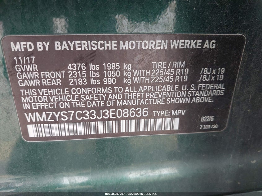 2018 Mini Countryman VIN WMZYS7C33J3E08636 IAAI salvage auction — LEFT SIDE, Salvage Title, sold $3,950 on 2026-07-27 (photo 9)