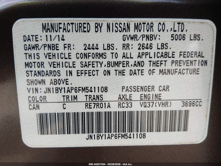2015 Infiniti Q70 VIN JN1BY1AP6FM541108 IAAI salvage auction — LEFT REAR, Salvage (Kansas), sold $525 on 2026-07-29 (photo 9)