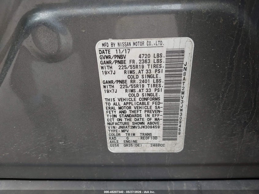 2018 Nissan Rogue VIN JN8AT2MV3JW309459 IAAI salvage auction — FRONT END, Salvage (Massachusetts), sold $4,700 on 2026-07-15 (photo 9)