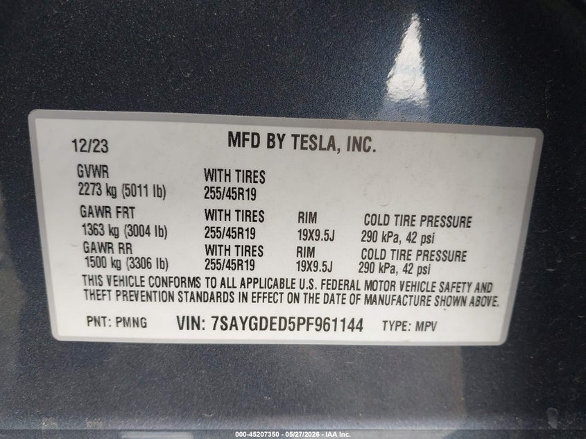 2023 Tesla Model y VIN 7SAYGDED5PF961144 IAAI salvage auction — REAR END, Salvage Title, sold $11,675 on 2026-07-07 (photo 9)