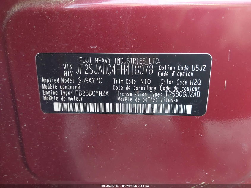 2014 Subaru Forester VIN JF2SJAHC4EH418078 IAAI salvage auction — ROLLOVER, Salvage Title, sold $25 on 2026-07-08 (photo 9)