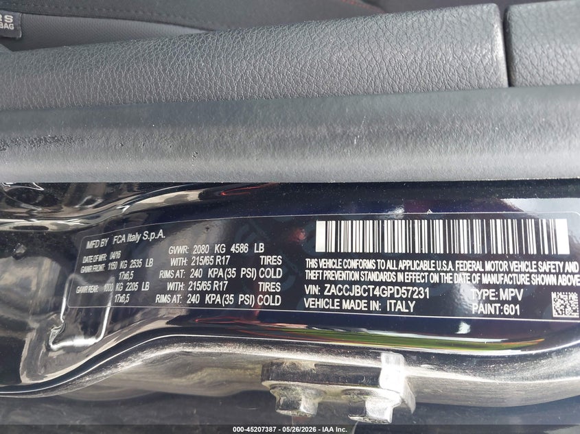 2016 Jeep Renegade VIN ZACCJBCT4GPD57231 IAAI salvage auction — UNKNOWN, Clear (Oklahoma), sold $1,400 on 2026-08-01 (photo 9)
