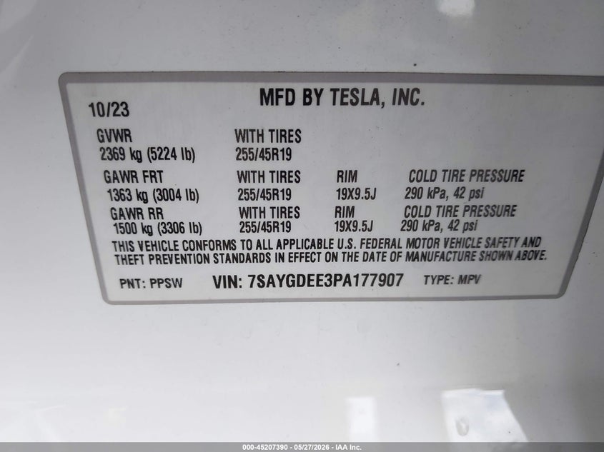 2023 Tesla Model y VIN 7SAYGDEE3PA177907 IAAI salvage auction — REAR END, Salvage Title, sold $14,900 on 2026-07-30 (photo 9)