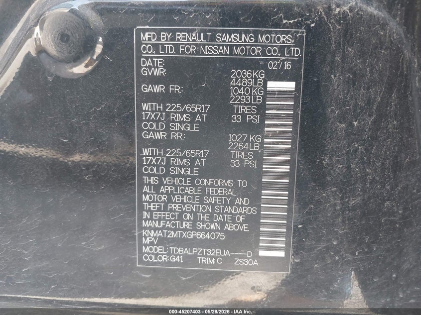 2016 Nissan Rogue VIN KNMAT2MTXGP664075 IAAI salvage auction — ROLLOVER, Salvage Title, sold $725 on 2026-07-27 (photo 9)