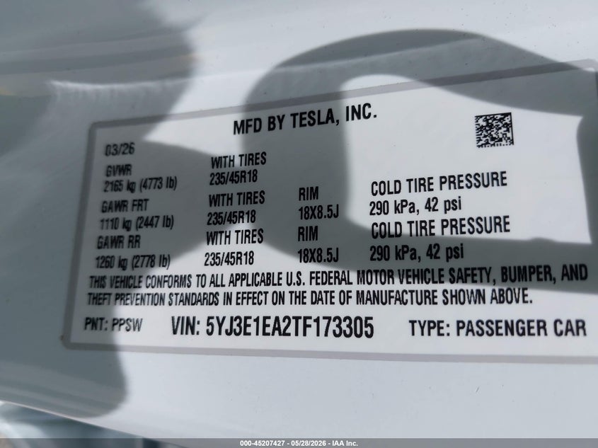 2026 Tesla Model 3 VIN 5YJ3E1EA2TF173305 IAAI salvage auction — FRONT END, Salvage Title, sold $18,600 on 2026-07-30 (photo 9)