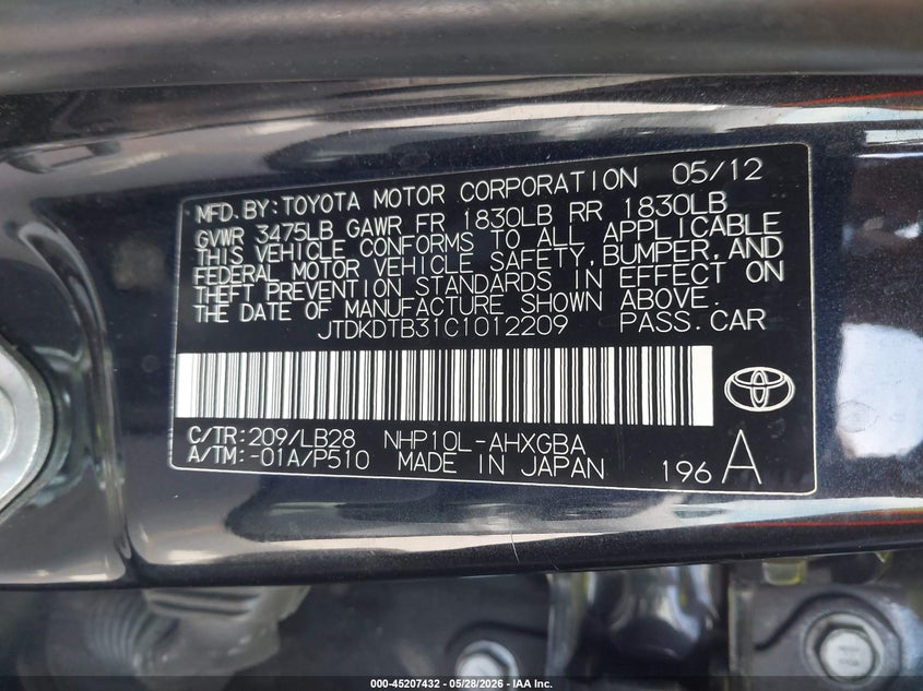 2012 Toyota Prius c VIN JTDKDTB31C1012209 IAAI salvage auction — RIGHT FRONT, Salvage Title, sold $575 on 2026-07-29 (photo 9)