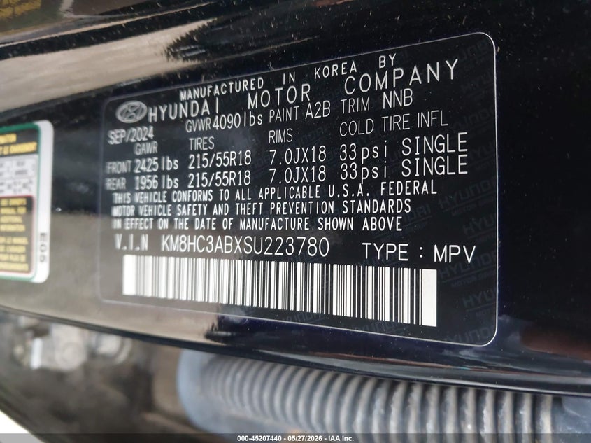 2025 Hyundai Kona VIN KM8HC3ABXSU223780 IAAI salvage auction — FRONT & REAR, Salvage (Oklahoma), sold $5,900 on 2026-07-22 (photo 9)