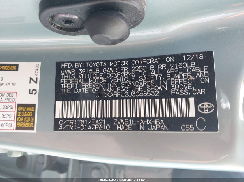 2018 Toyota Prius VIN JTDKARFU2J3068532 IAAI salvage auction — FRONT END, Salvage Title, sold $2,900 on 2026-07-12 (photo 9)