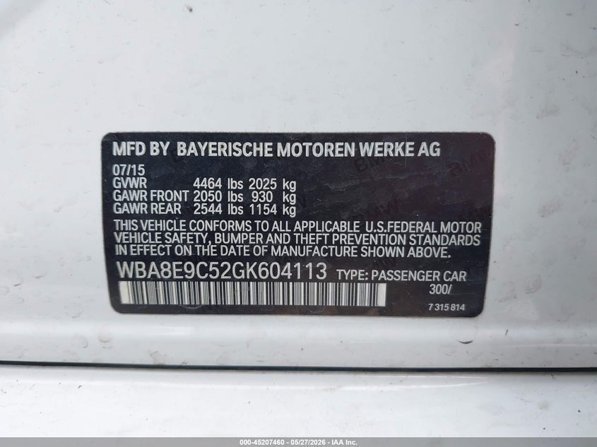 2016 BMW 3er VIN WBA8E9C52GK604113 IAAI salvage auction — FRESH WATER, Salvage Title, sold $1,250 on 2026-07-23 (photo 9)