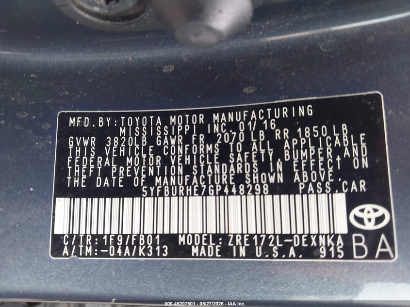 2016 Toyota Corolla VIN 5YFBURHE7GP448298 IAAI salvage auction — FRONT END, Salvage Title, sold $1,250 on 2026-07-09 (photo 9)