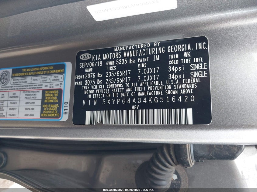 2019 Kia Sorento VIN 5XYPG4A34KG516420 IAAI salvage auction — FRONT & REAR, Salvage (Oklahoma), sold $900 on 2026-07-08 (photo 9)