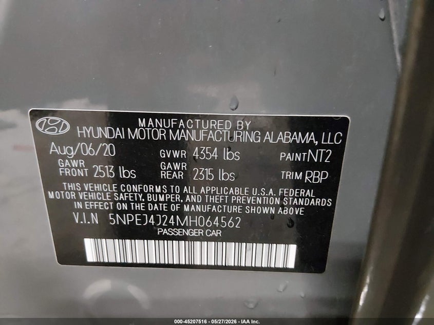 2021 Hyundai Sonata VIN 5NPEJ4J24MH064562 IAAI salvage auction — REAR END, Salvage Title, sold $2,300 on 2026-07-10 (photo 9)