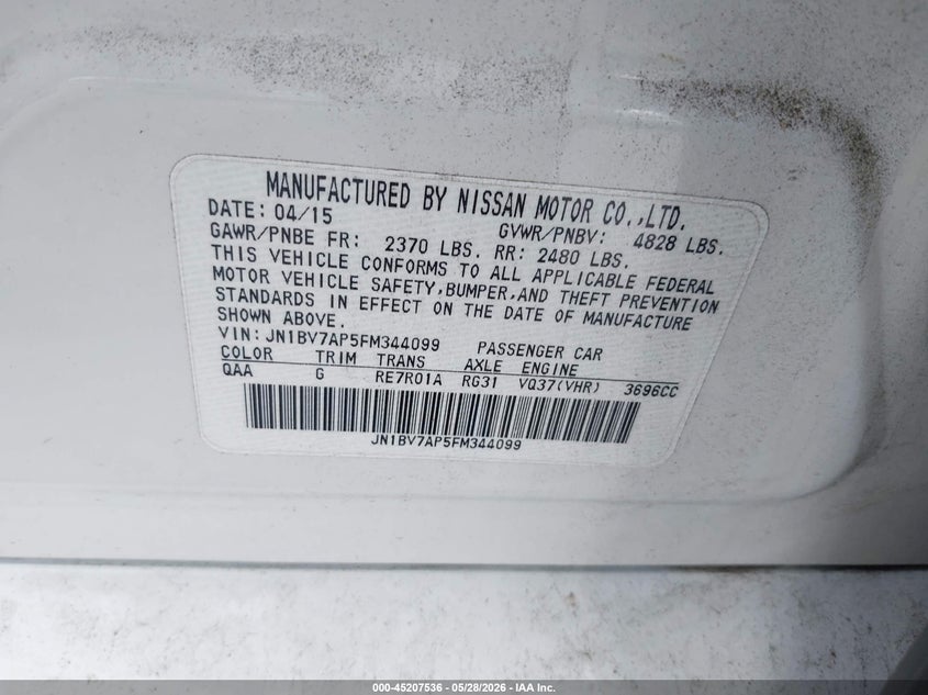 2015 Infiniti Q50 VIN JN1BV7AP5FM344099 IAAI salvage auction — LEFT FRONT, Salvage Title, sold $1,100 on 2026-07-28 (photo 9)
