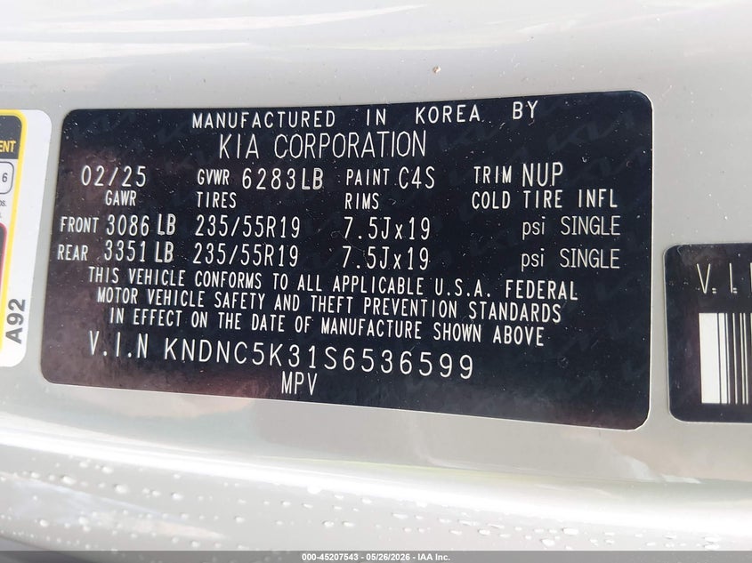 2025 Kia Carnival VIN KNDNC5K31S6536599 IAAI salvage auction — REAR END, Clear (South Carolina), sold $16,000 on 2026-07-14 (photo 9)