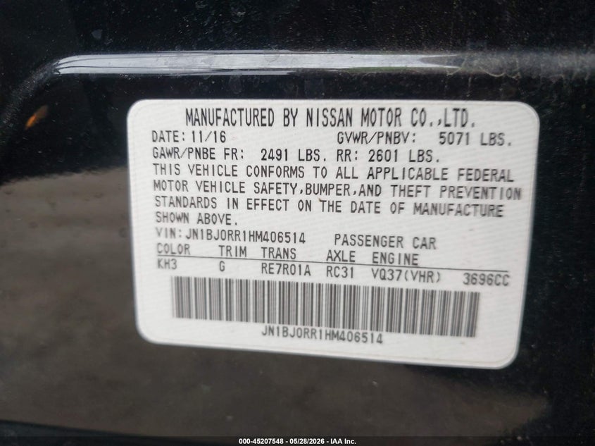 2017 Infiniti Qx50 VIN JN1BJ0RR1HM406514 IAAI salvage auction — FRONT & REAR, Salvage Title, sold $800 on 2026-07-14 (photo 9)