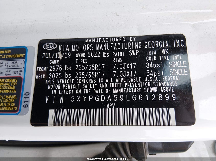 2020 Kia Sorento VIN 5XYPGDA59LG612899 IAAI salvage auction — REAR END, Salvage Title, sold $3,050 on 2026-07-17 (photo 9)