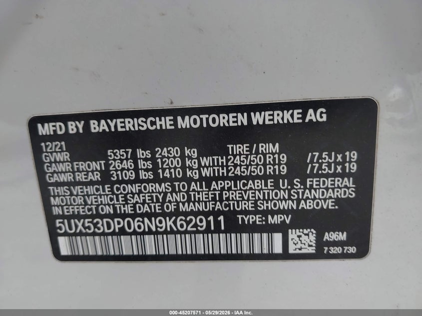 2022 BMW X3 VIN 5UX53DP06N9K62911 IAAI salvage auction — RIGHT FRONT, Salvage Title, sold $17,000 on 2026-07-21 (photo 9)