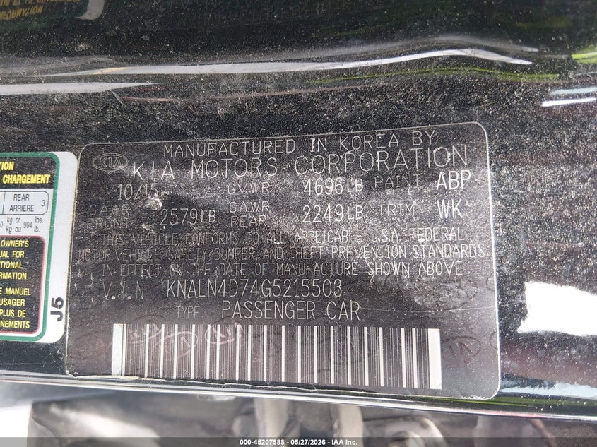 2016 Kia Cadenza VIN KNALN4D74G5215503 IAAI salvage auction — NORMAL WEAR, Clear (South Carolina), sold $25 on 2026-07-29 (photo 9)