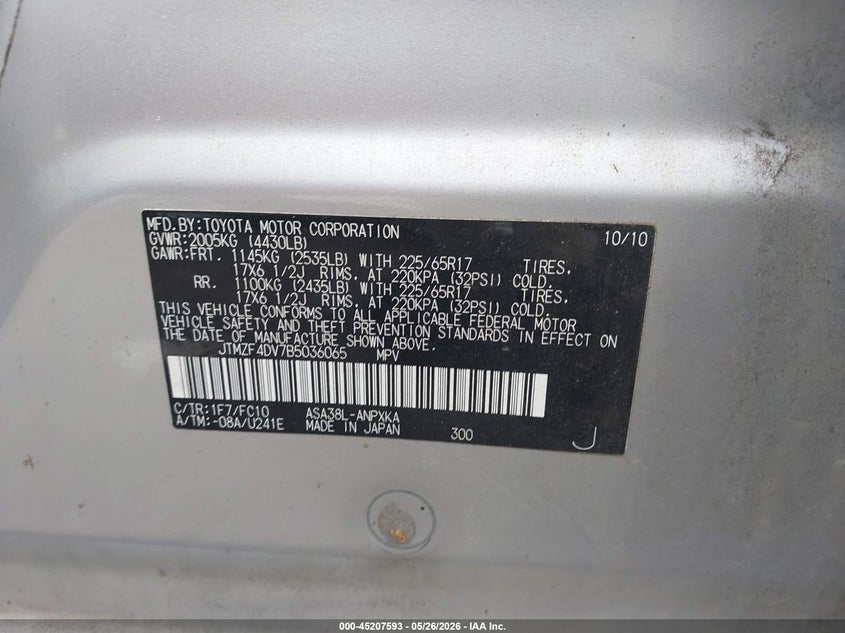 2011 Toyota Rav4 VIN JTMZF4DV7B5036065 IAAI salvage auction — REAR END, Salvage (Alabama), sold $1,250 on 2026-07-08 (photo 9)