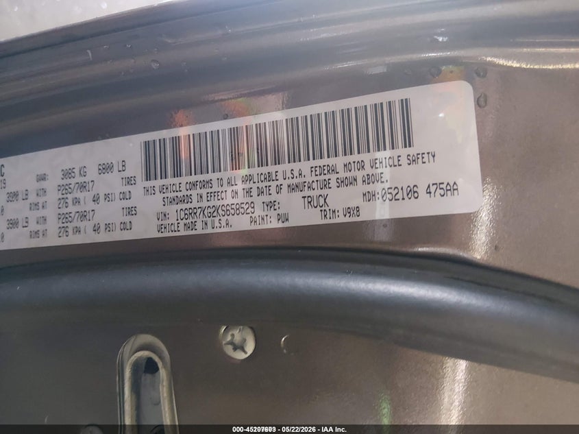 2019 Ram 1500 VIN 1C6RR7KG2KS658529 IAAI salvage auction — NORMAL WEAR, Sf97 (New York), sold $10,200 on 2026-07-31 (photo 9)