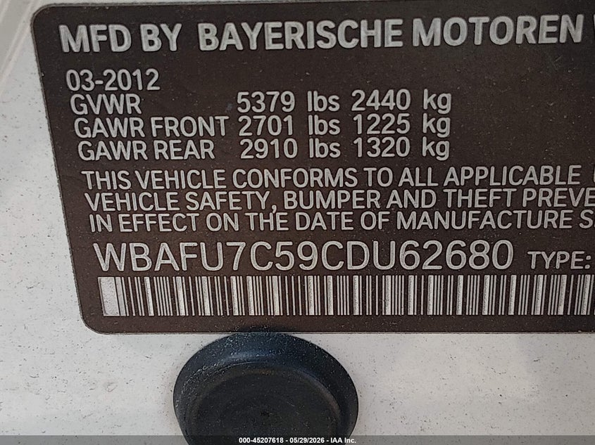 2012 BMW 5er VIN WBAFU7C59CDU62680 IAAI salvage auction — LEFT REAR, Salvage Title, sold $1,950 on 2026-08-04 (photo 9)