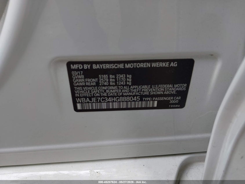 2017 BMW 5er VIN WBAJE7C34HG888045 IAAI salvage auction — FRONT END, Salvage Title, sold $8,550 on 2026-07-07 (photo 9)