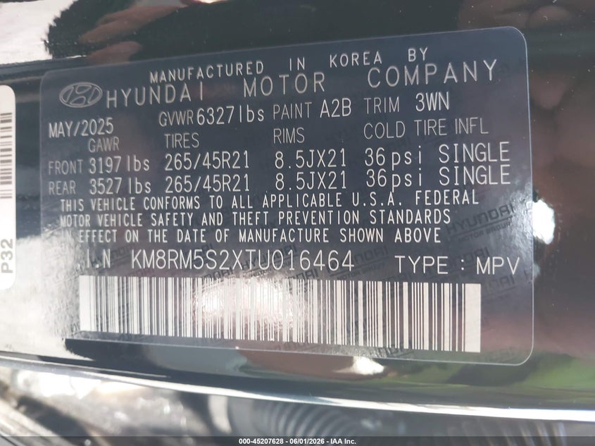 2026 Hyundai Palisade VIN KM8RM5S2XTU016464 IAAI salvage auction — RIGHT REAR, Salvage Certificate (California), sold $2,550 on 2026-07-24 (photo 9)