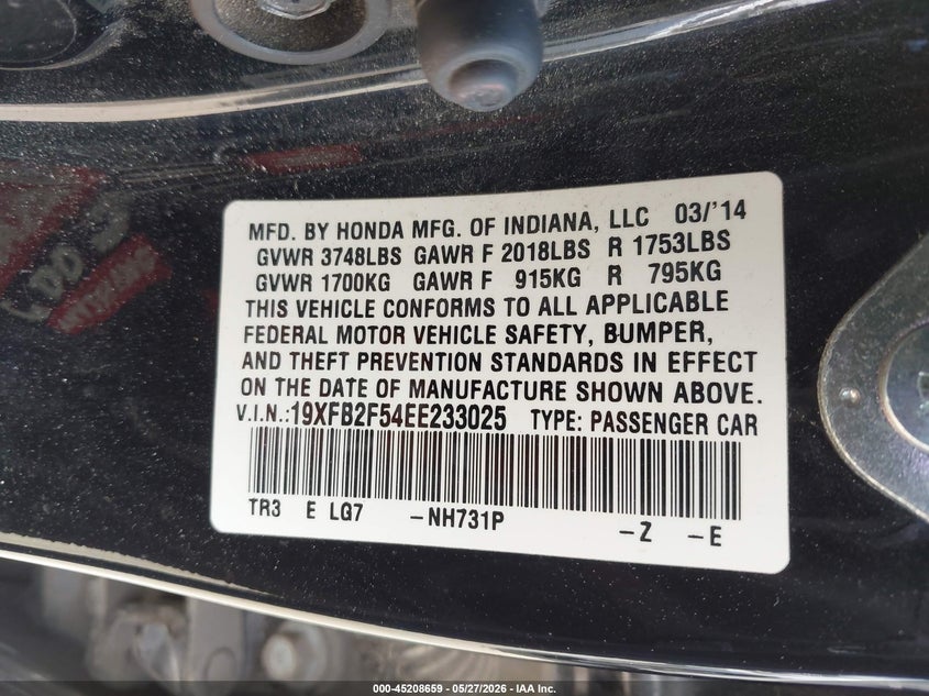 2014 Honda Civic VIN 19XFB2F54EE233025 IAAI salvage auction — FRONT END, Salvage Title, sold $1,825 on 2026-07-22 (photo 9)