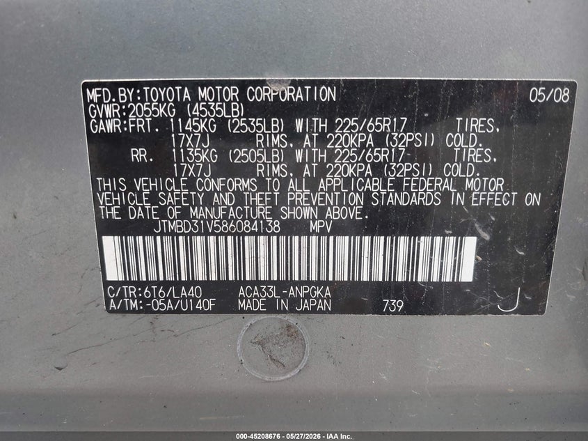 2008 Toyota Rav4 VIN JTMBD31V586084138 IAAI salvage auction — FRONT END, Salvage (Ohio), sold $1,250 on 2026-07-08 (photo 9)