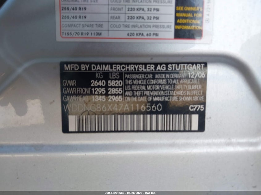 2007 Mercedes-benz S class VIN WDDNG86X47A116560 IAAI salvage auction — NORMAL WEAR, Clear (Arizona), sold $25 on 2026-07-28 (photo 9)