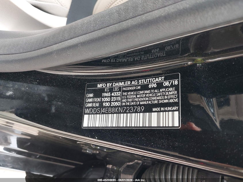 2019 Mercedes-benz Cla-klasse VIN WDDSJ4EB8KN723789 IAAI salvage auction — REAR END, Salvage Title, sold $6,550 on 2026-07-07 (photo 9)