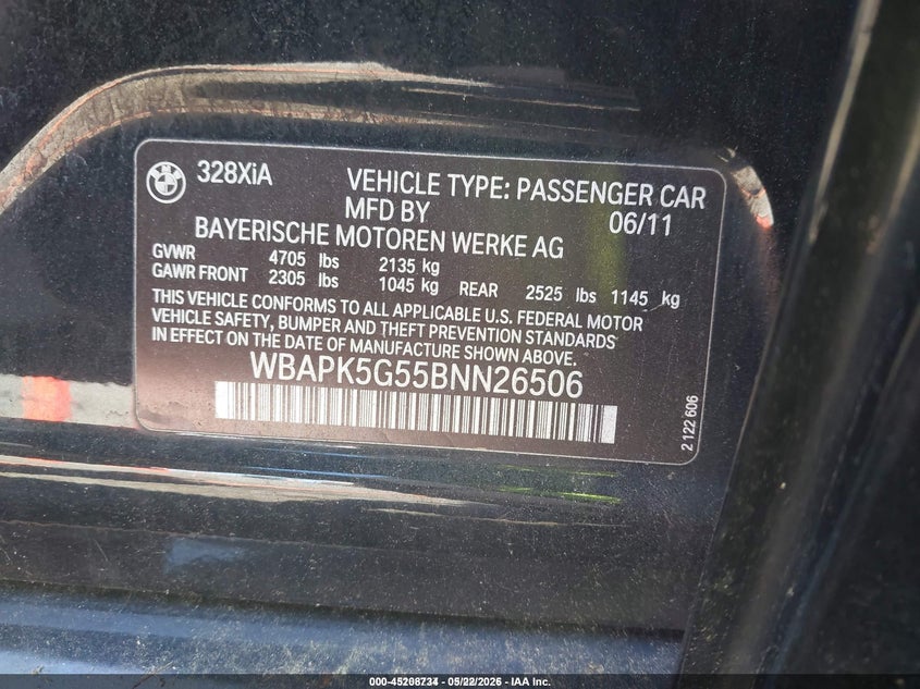 2011 BMW 3 series VIN WBAPK5G55BNN26506 IAAI salvage auction — REAR END, Salvage (Idaho), sold $475 on 2026-07-07 (photo 9)