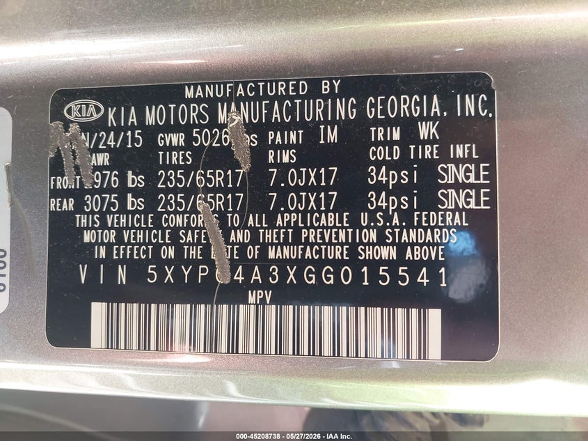 2016 Kia Sorento VIN 5XYPG4A3XGG015541 IAAI salvage auction — SIDE, Salvage Title, sold $1,350 on 2026-07-09 (photo 9)