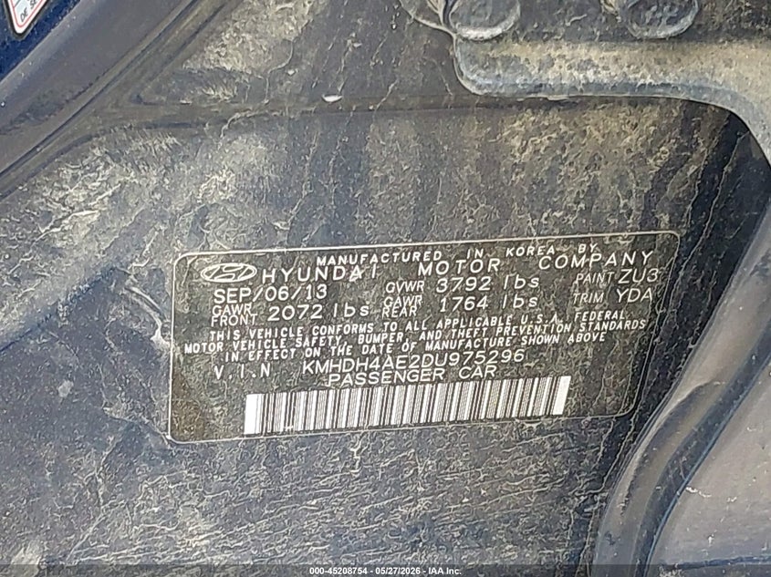 2013 Hyundai Elantra VIN KMHDH4AE2DU975296 IAAI salvage auction — SIDE, Salvage Title, sold $550 on 2026-07-24 (photo 9)