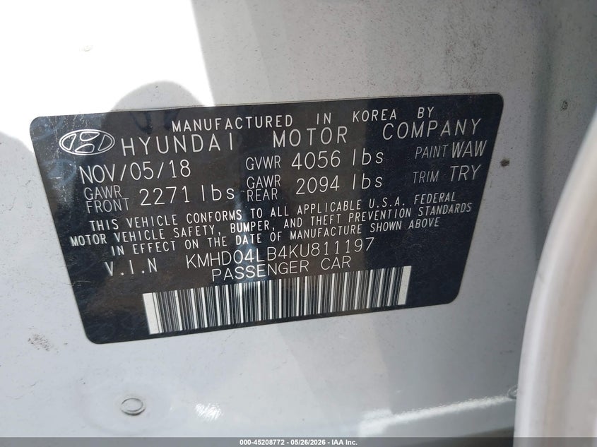 2019 Hyundai Elantra VIN KMHD04LB4KU811197 IAAI salvage auction — RIGHT FRONT, Salvage (Illinois), sold $2,500 on 2026-07-08 (photo 9)