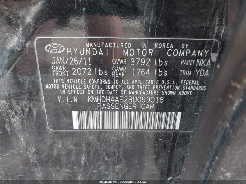 2011 Hyundai Elantra VIN KMHDH4AE2BU099018 IAAI salvage auction — FRONT END, Salvage (Kentucky), sold $875 on 2026-07-15 (photo 9)