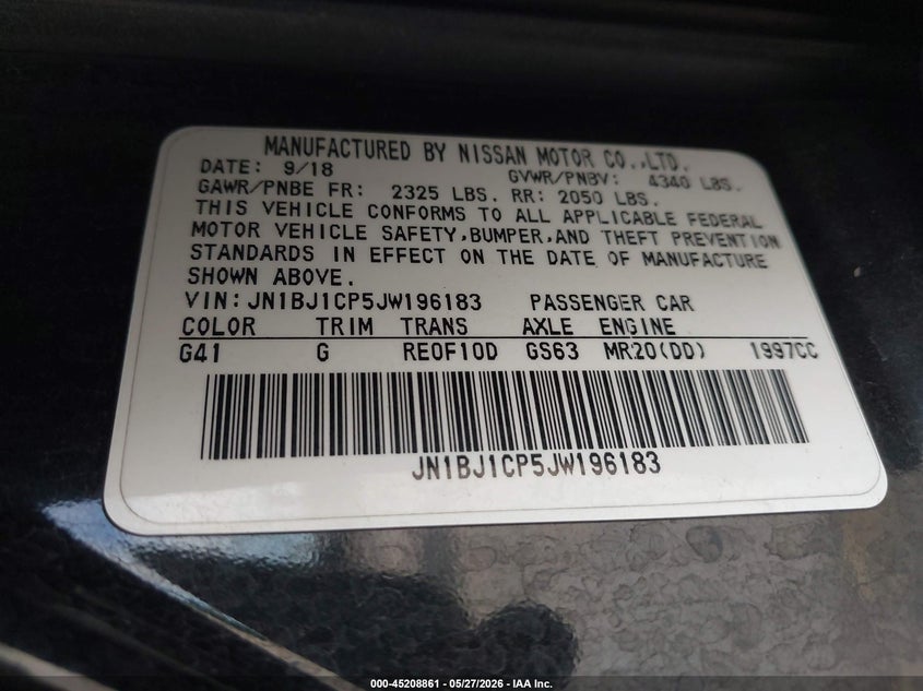 2018 Nissan Rogue VIN JN1BJ1CP5JW196183 IAAI salvage auction — FRONT & REAR, Salvage Title, sold $2,500 on 2026-07-13 (photo 9)
