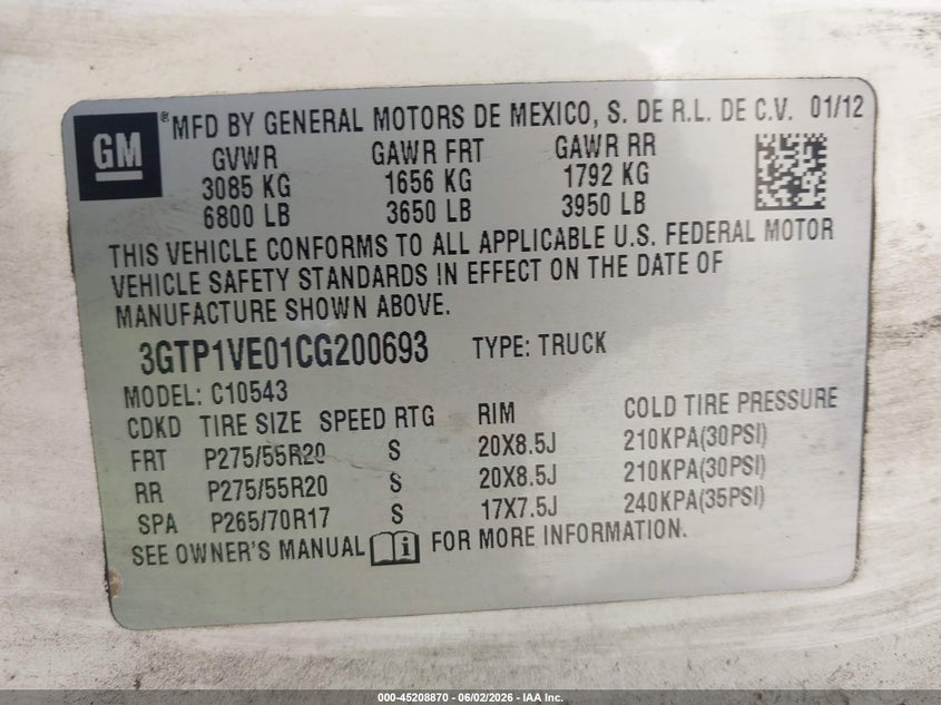 2012 Gmc SIERRA VIN 3GTP1VE01CG200693 IAAI salvage auction — ROLLOVER, Salvage Title, sold $1,300 on 2026-07-29 (photo 9)
