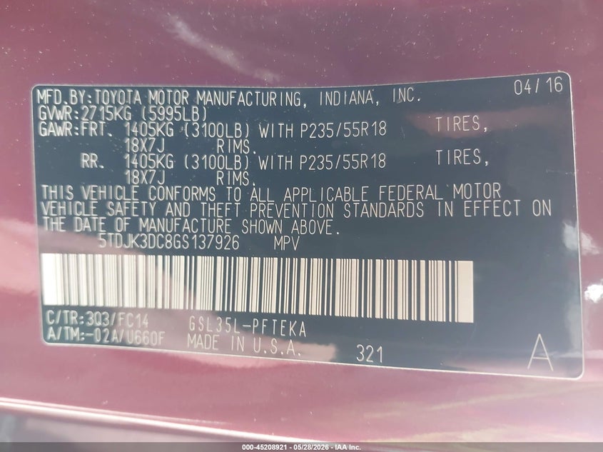 2016 Toyota Sienna VIN 5TDJK3DC8GS137926 IAAI salvage auction — REAR END, Salvage Title, sold $3,650 on 2026-07-24 (photo 9)