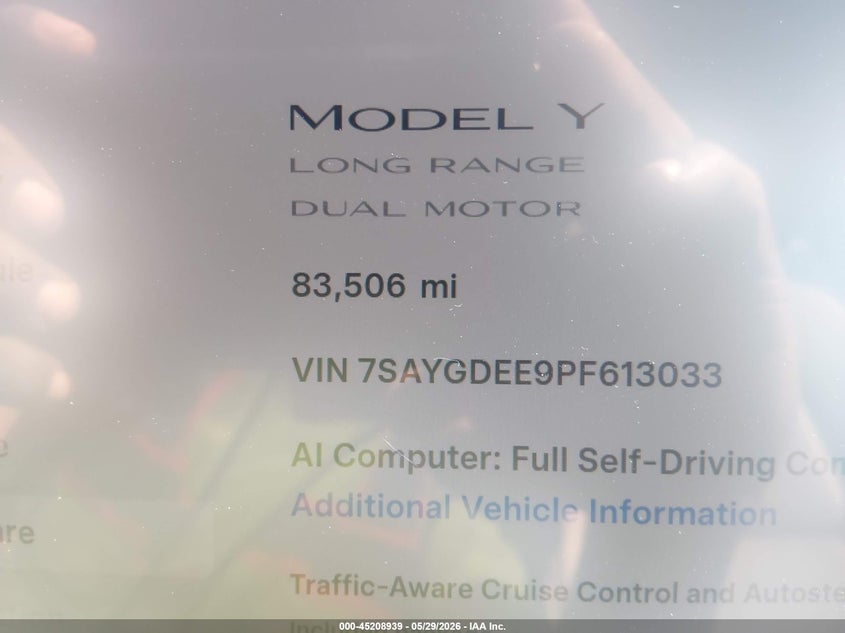 2023 Tesla Model y VIN 7SAYGDEE9PF613033 IAAI salvage auction — FRONT & REAR, Salvage Title, sold $6,600 on 2026-07-17 (photo 7)