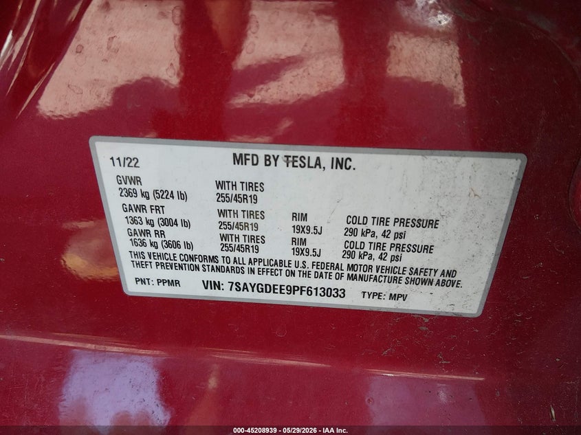 2023 Tesla Model y VIN 7SAYGDEE9PF613033 IAAI salvage auction — FRONT & REAR, Salvage Title, sold $6,600 on 2026-07-17 (photo 9)
