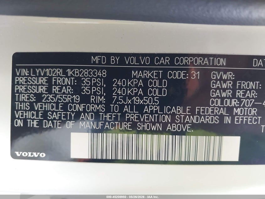 2019 Volvo Xc60 VIN LYV102RL1KB283348 IAAI salvage auction — RIGHT FRONT, Salvage (North Carolina), sold $15,300 on 2026-07-15 (photo 9)