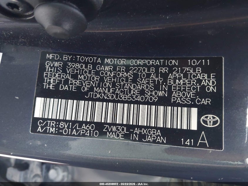 2011 Toyota Prius VIN JTDKN3DU3B5340709 IAAI salvage auction — RIGHT SIDE, Rebuildable (Florida), sold $750 on 2026-07-27 (photo 9)