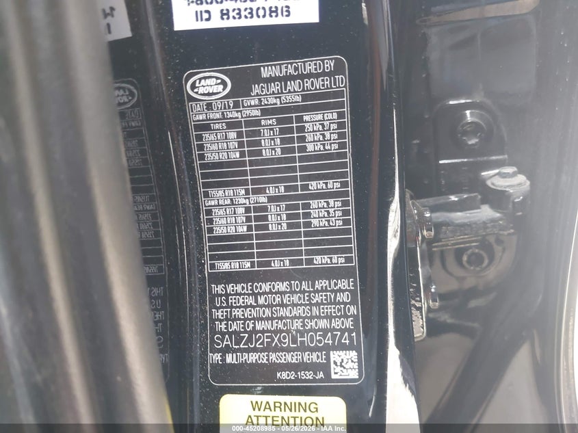 2020 Land rover Range rover evoque VIN SALZJ2FX9LH054741 IAAI salvage auction — FRONT END, Salvage (California), sold $6,850 on 2026-07-08 (photo 9)