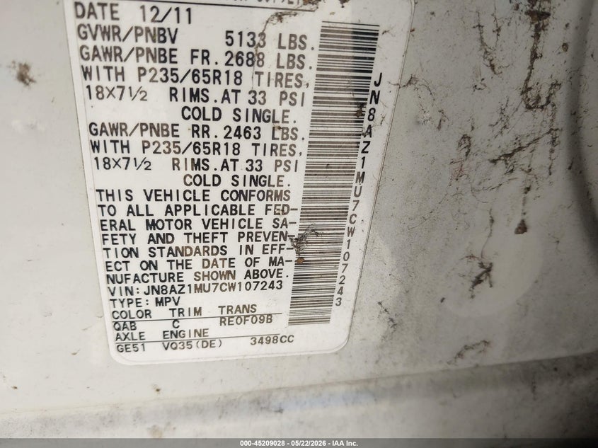 2012 Nissan Murano VIN JN8AZ1MU7CW107243 IAAI salvage auction — NORMAL WEAR, Salvage (Texas), sold $550 on 2026-07-29 (photo 9)