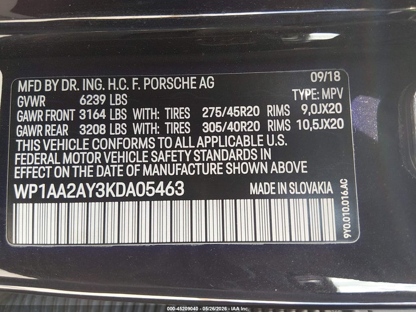 2019 Porsche Cayenne VIN WP1AA2AY3KDA05463 IAAI salvage auction — FRONT END, Original (Texas), sold $13,400 on 2026-07-28 (photo 9)