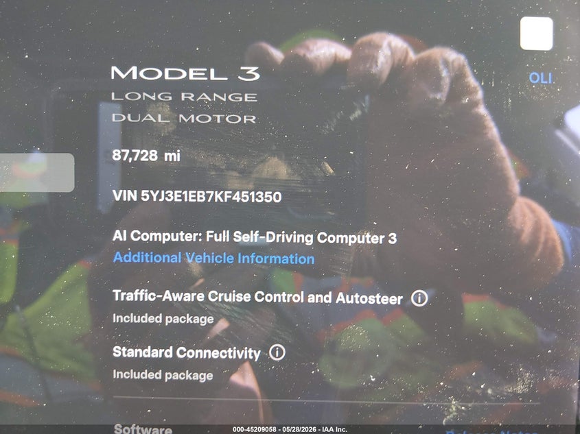 2019 Tesla Model 3 VIN 5YJ3E1EB7KF451350 IAAI salvage auction — UNKNOWN, Salvage Title, sold $5,500 on 2026-07-30 (photo 7)