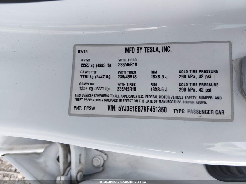 2019 Tesla Model 3 VIN 5YJ3E1EB7KF451350 IAAI salvage auction — UNKNOWN, Salvage Title, sold $5,500 on 2026-07-30 (photo 9)