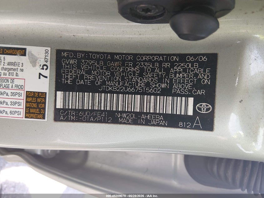 2006 Toyota Prius VIN JTDKB22U667515602 IAAI salvage auction — LEFT SIDE, Clear (Louisiana), sold $350 on 2026-07-14 (photo 9)