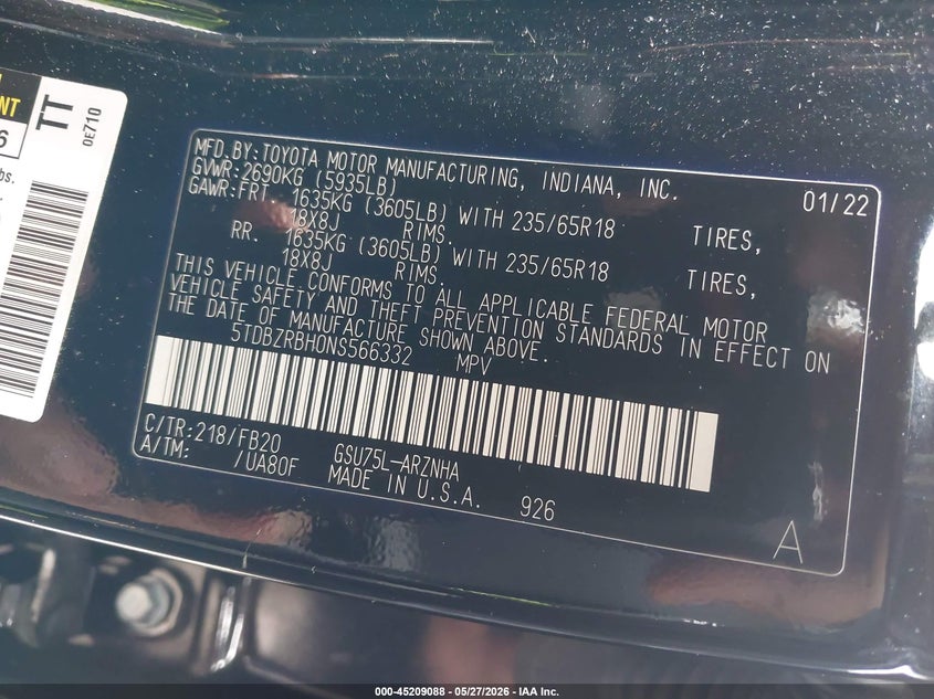 2022 Toyota Highlander VIN 5TDBZRBH0NS566332 IAAI salvage auction — RIGHT FRONT, Salvage (Pennsylvania), sold $9,000 on 2026-07-28 (photo 9)